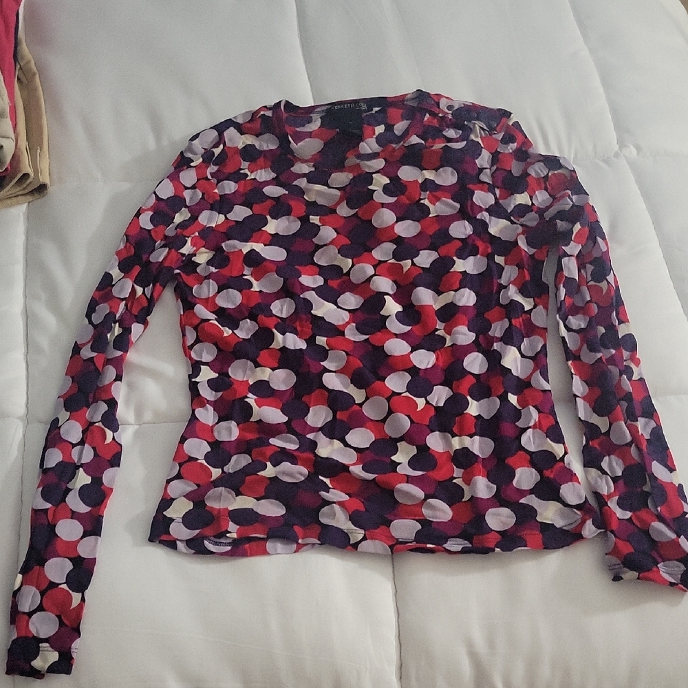 Kenneth Cole Red and Purple Polka Dot Long Sleeve Top